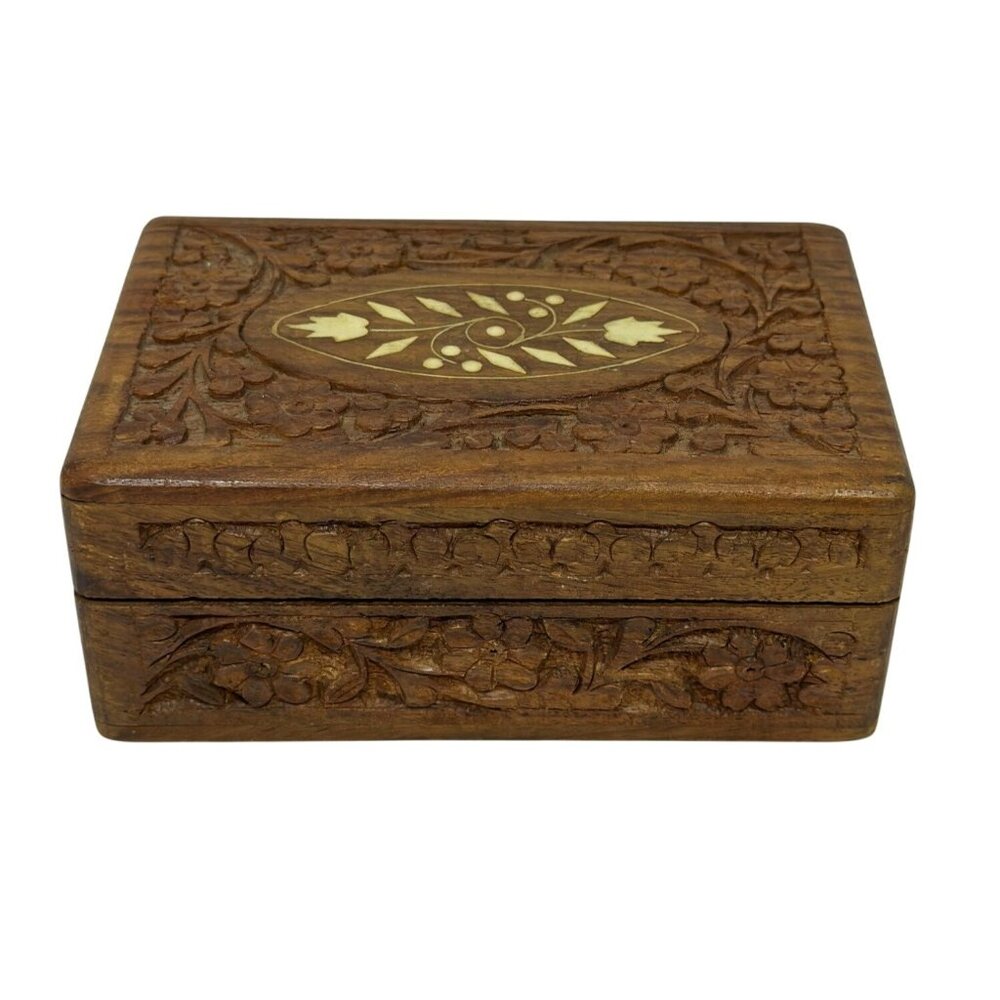 VTG Hand-Carved Wooden Jewelry Box Trinket Keepsake Box Floral Design Wood Chest